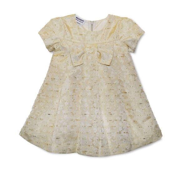 Blueberi Boulevard Baby Girls Bow-Front Shimmering Swing Dress - Light Beige Siz - Picture 1 of 3